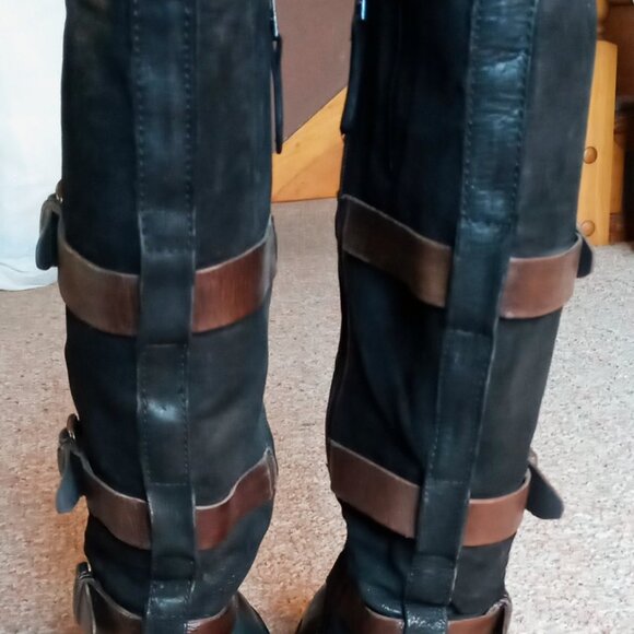 Miz Mooz Charmaine Black & Brown Leather Tall Buckles Boots Sz 7 (Eur 37) - Picture 5 of 16